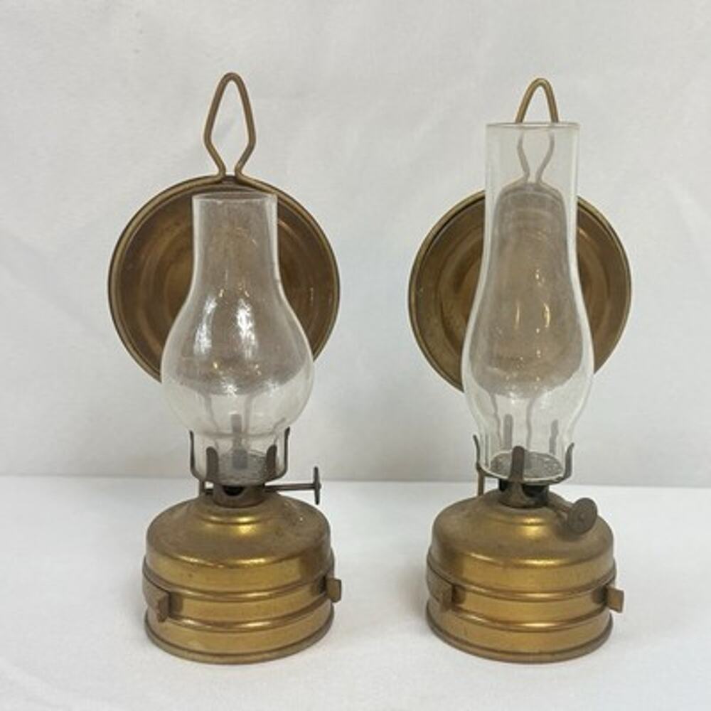 Vtg Mini Gold Brass Oil Lamps w/ Reflector Plates Kerosene Made In Germany READ